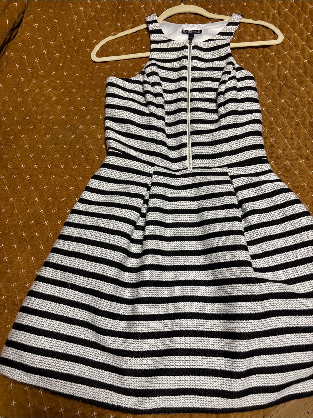 Express Black and White Striped Fit-and-Flare Dress with Pockets